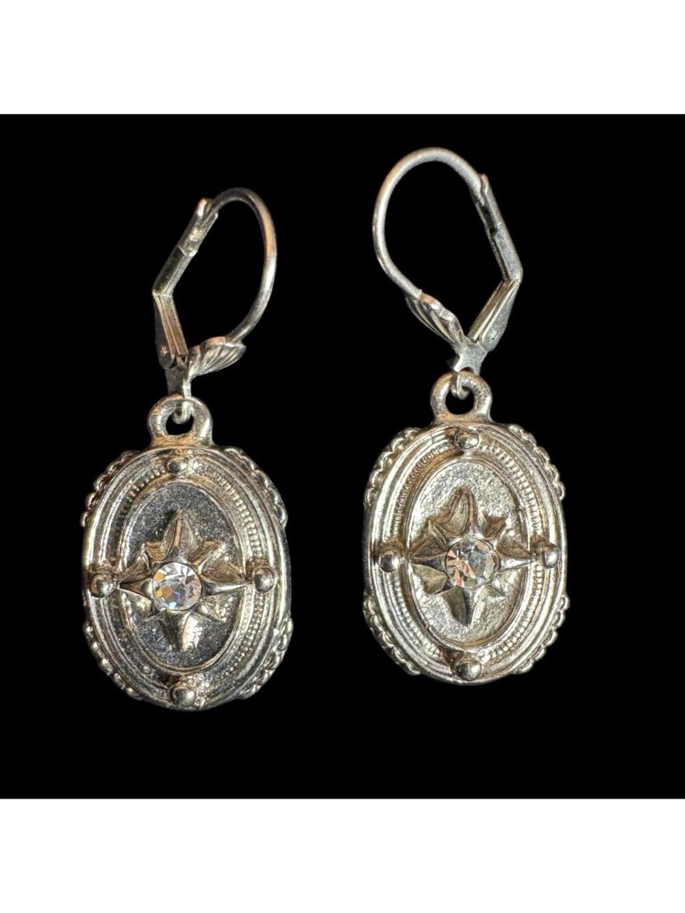Double Drop Dangle Silver tone and Rhinestone Pierced Earrings